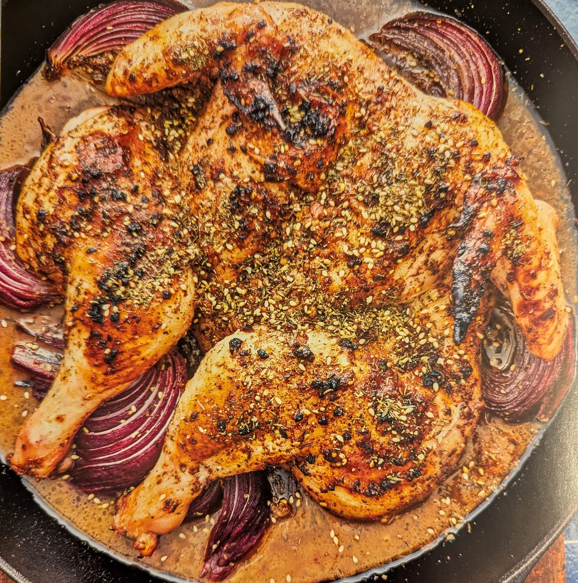 Cooked chicken and onions, with spices and sesame seeds on top, in a cast iron skillet